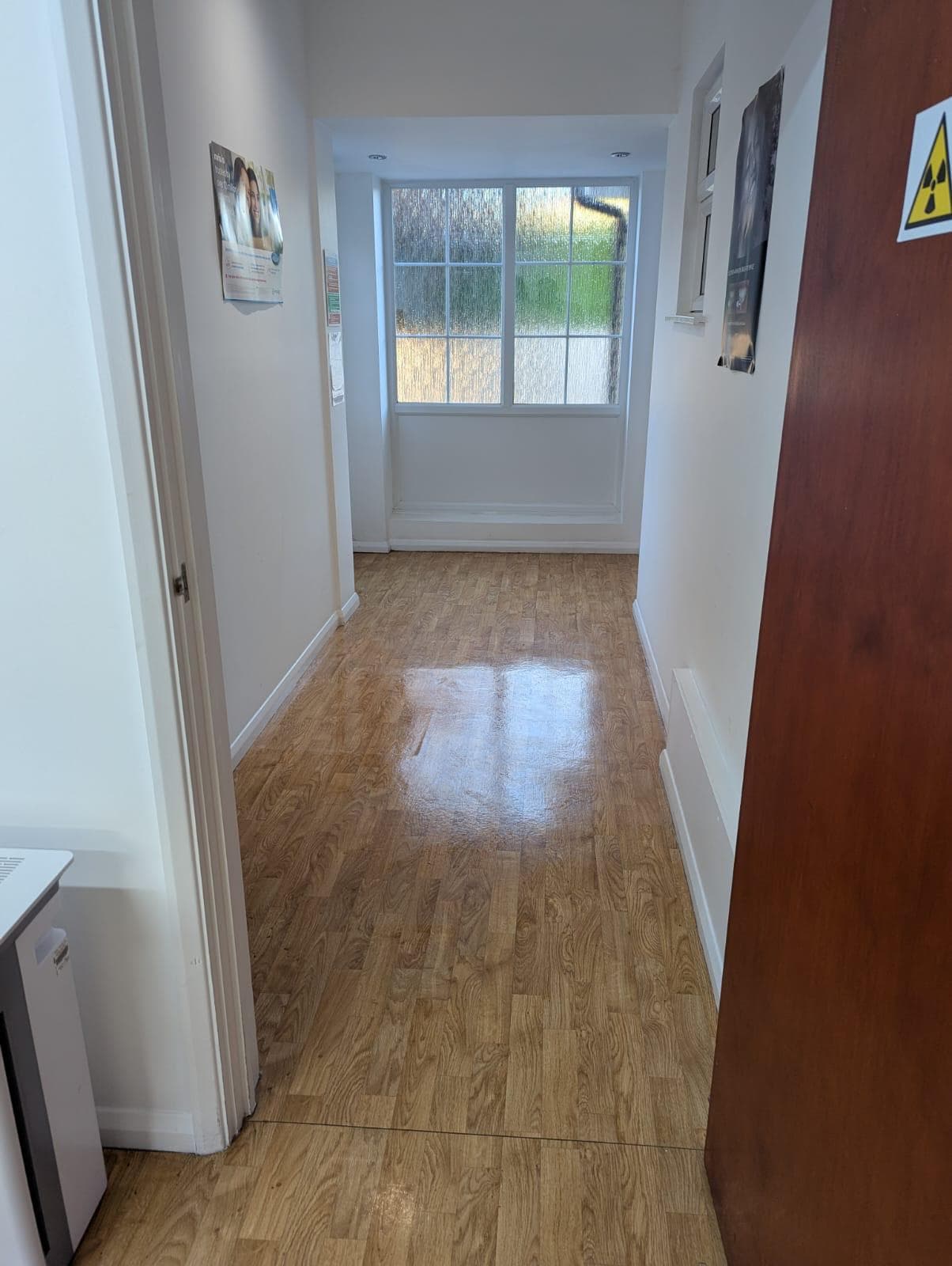 Hallway with polished wood-effect flooring, cleaned